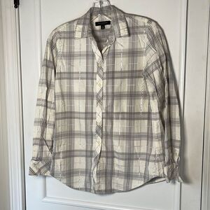 EUC Banana Republic Gray White Silver Metallic Plaid Button Up XS